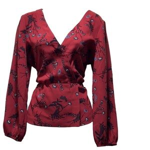 J. Crew Red Floral V-Neck Long Sleeve Blouse Size Medium